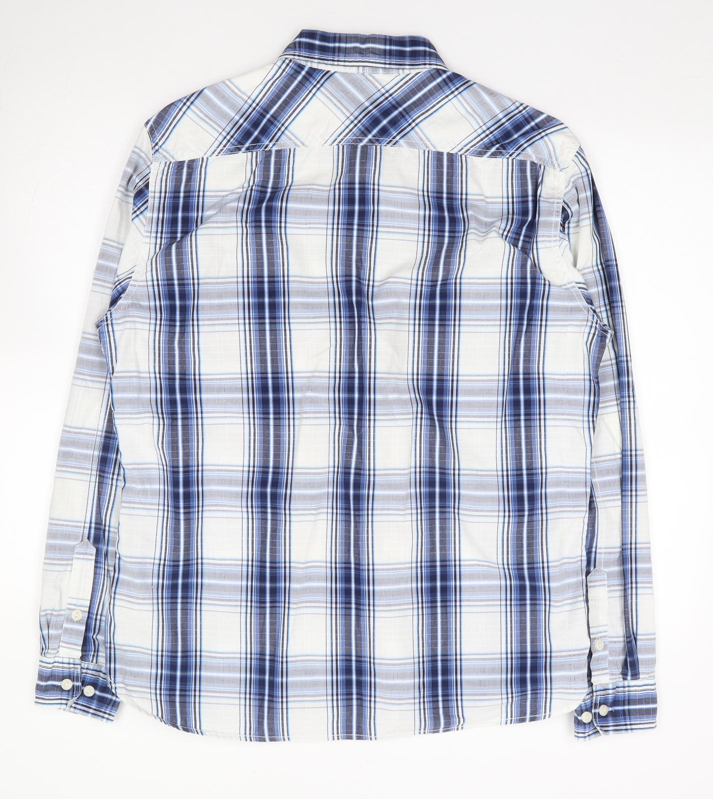 Marks and Spencer Mens Blue Plaid Cotton Button-Up Size L Collared Button