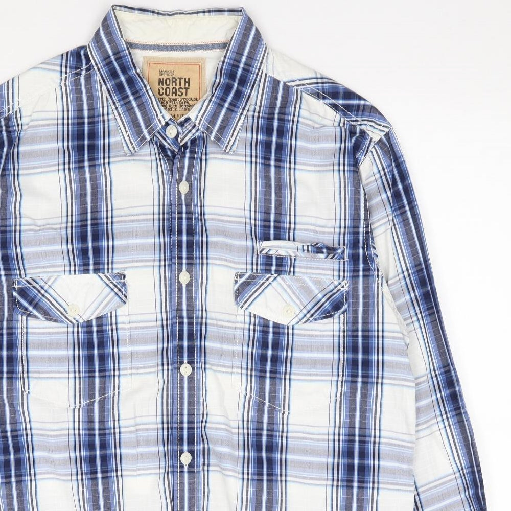 Marks and Spencer Mens Blue Plaid Cotton Button-Up Size L Collared Button