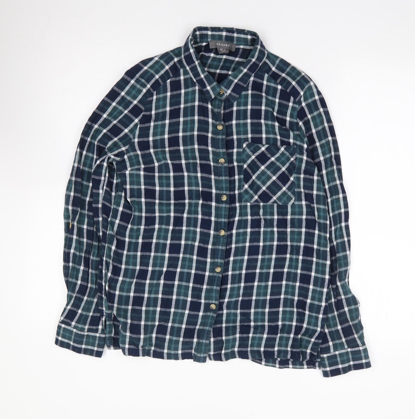 Primark Womens Green Plaid 100% Cotton Jersey Button-Up Size 12 Collared