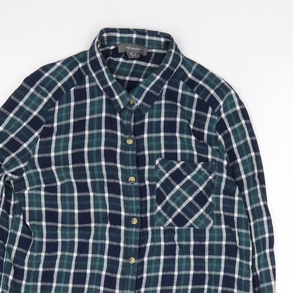 Primark Womens Green Plaid 100% Cotton Jersey Button-Up Size 12 Collared