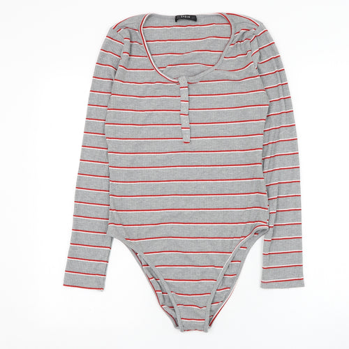 SheIn Womens Grey Striped Cotton Bodysuit One-Piece Size M Hook & Loop