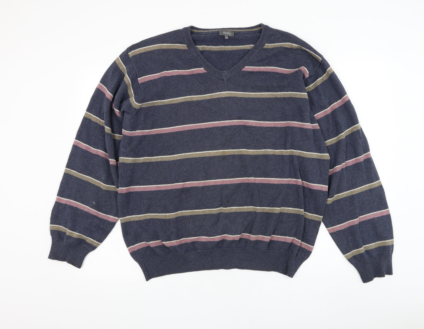 Wolsey Mens Beige V-Neck Striped Cotton Pullover Jumper Size L