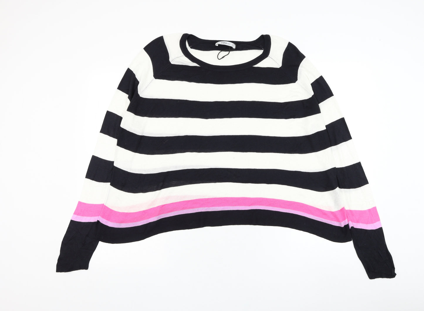 Zara Knit Womens White Round Neck Striped Viscose Pullover Jumper Size XL