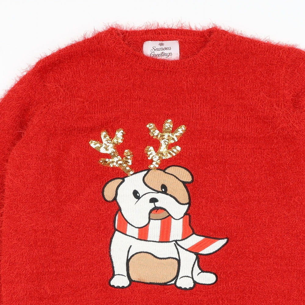 Preworn Womens Red Round Neck Polyester Pullover Jumper Size 10 - Christmas