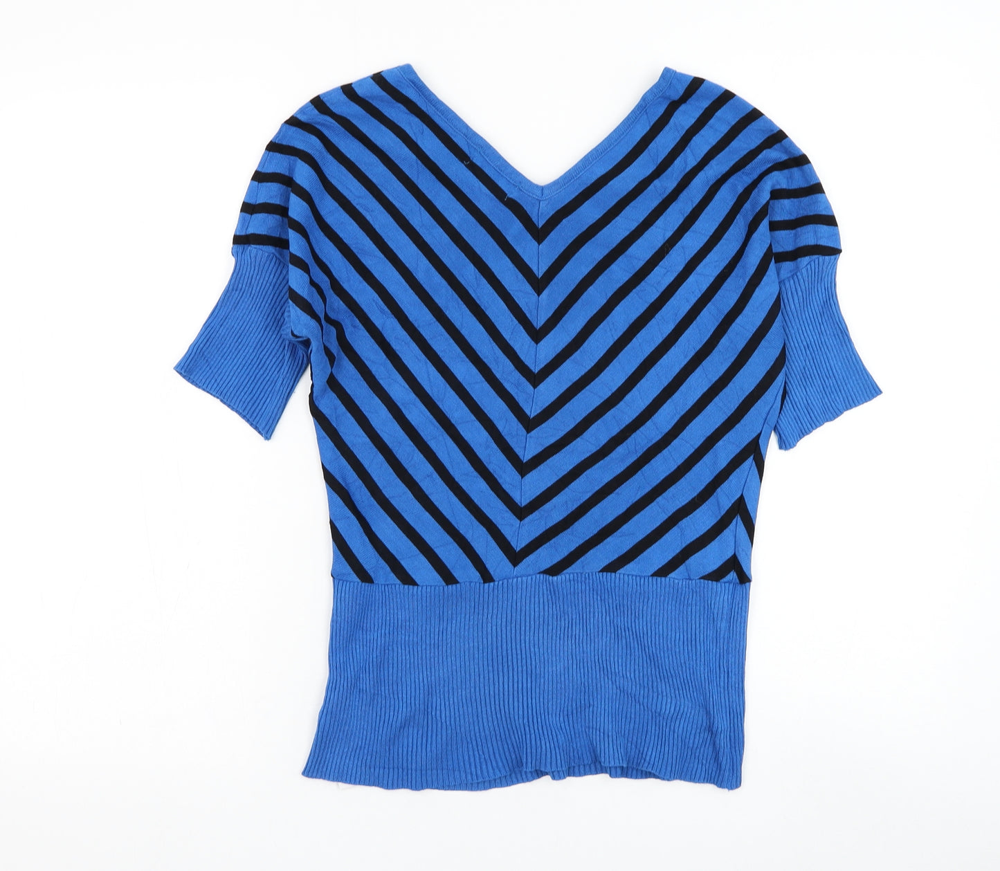 Apricot Womens Blue V-Neck Striped Viscose Pullover Jumper Size 12