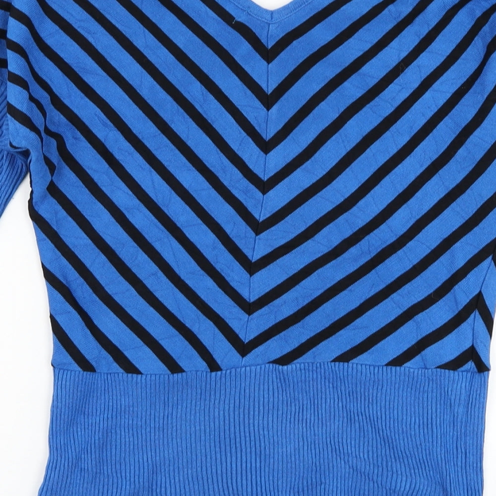Apricot Womens Blue V-Neck Striped Viscose Pullover Jumper Size 12