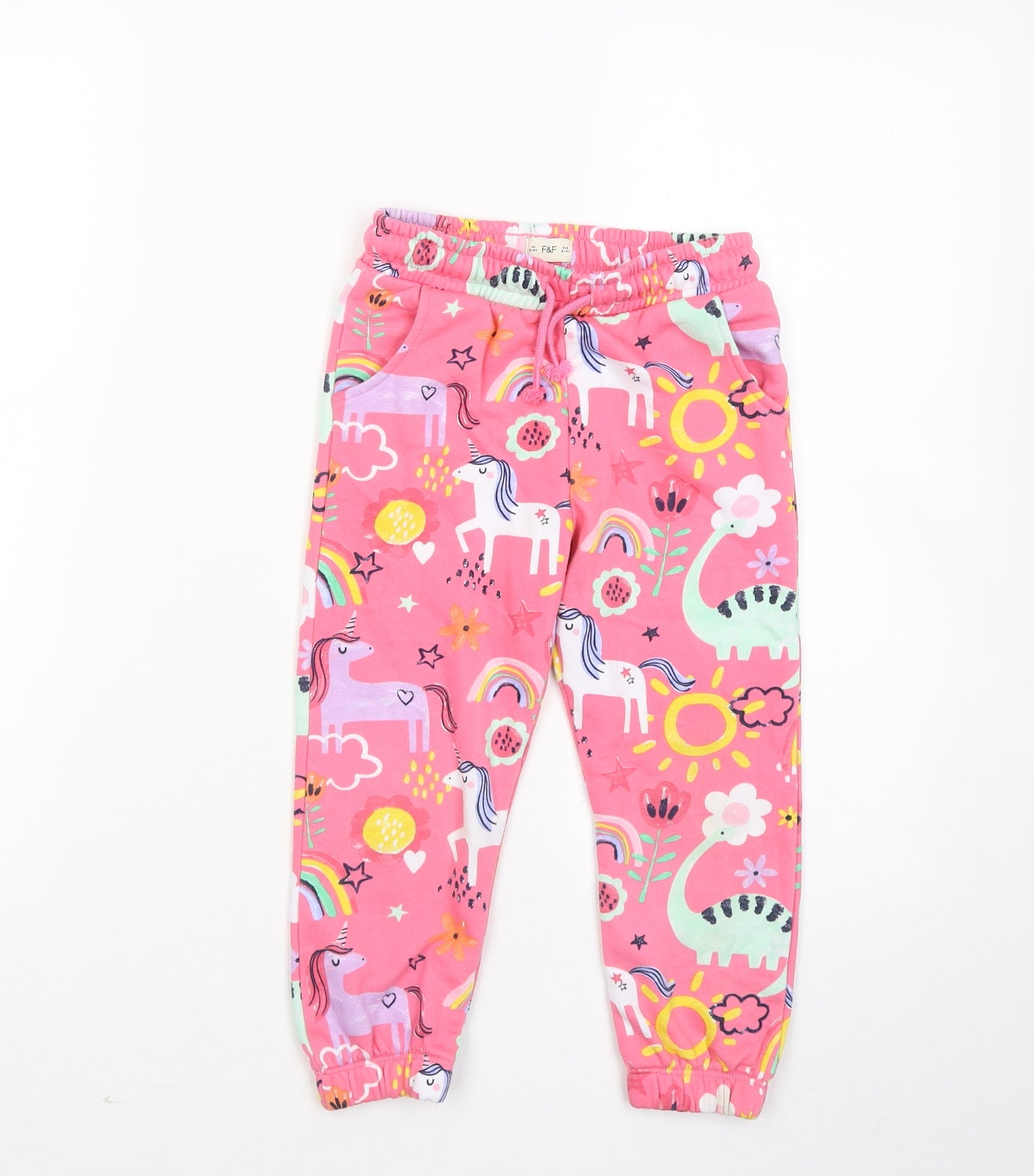 F&F Girls Pink Geometric Cotton Jogger Trousers Size 3-4 Years Regular - Unicorn Dinosaur