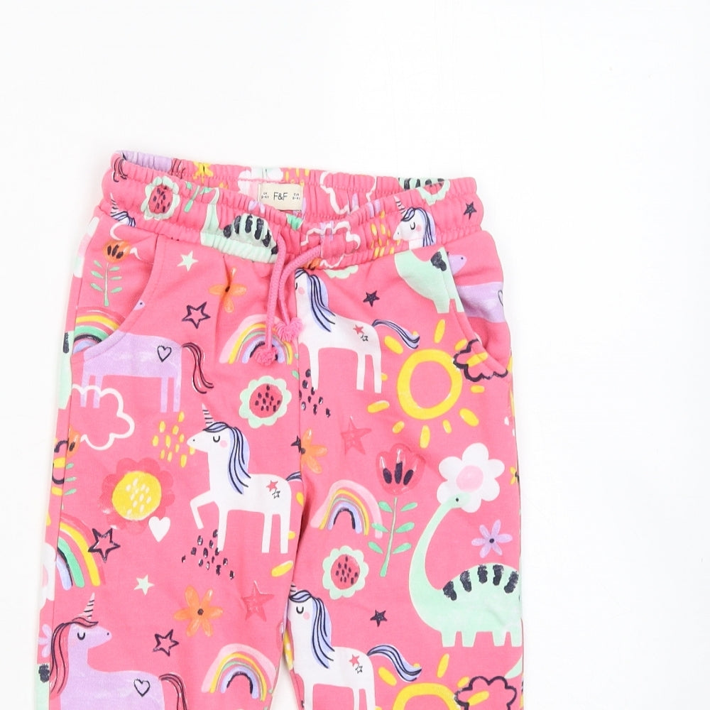 F&F Girls Pink Geometric Cotton Jogger Trousers Size 3-4 Years Regular - Unicorn Dinosaur