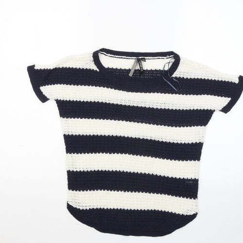 Intuition Womens Blue Round Neck Striped Acrylic Pullover Jumper Size 8