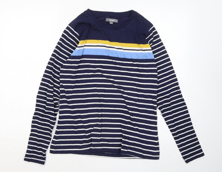 Studio Womens Blue Round Neck Striped Cotton Pullover Jumper Size 12