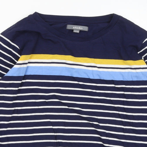 Studio Womens Blue Round Neck Striped Cotton Pullover Jumper Size 12