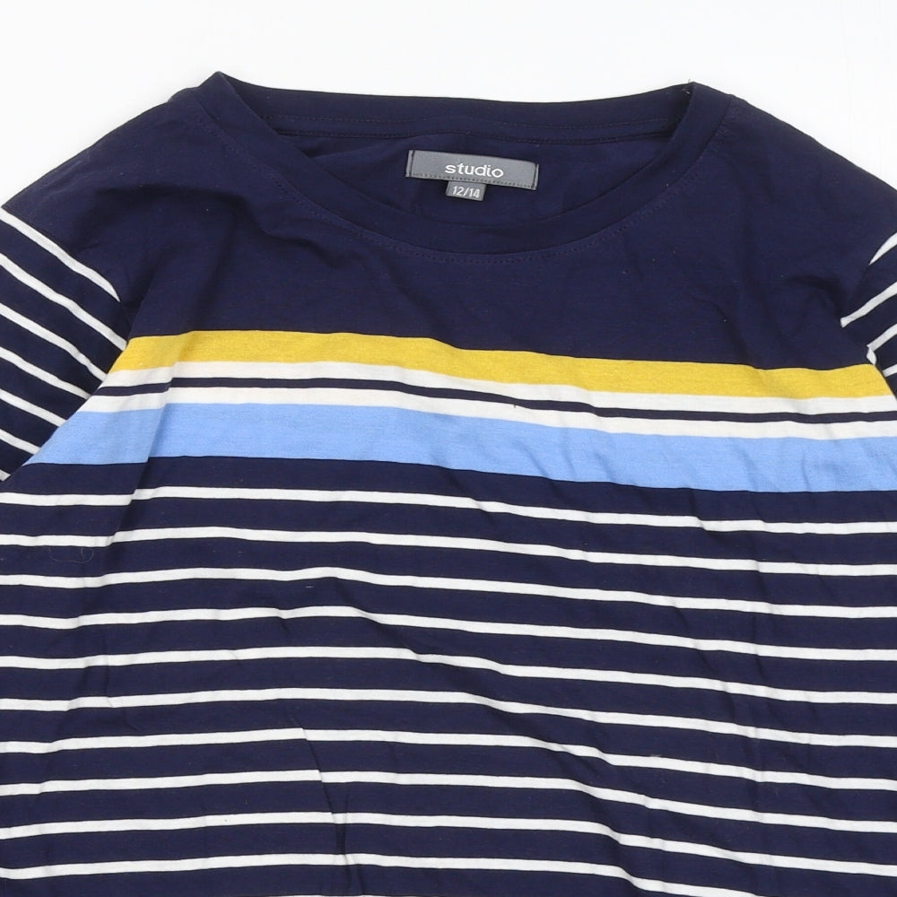 Studio Womens Blue Round Neck Striped Cotton Pullover Jumper Size 12