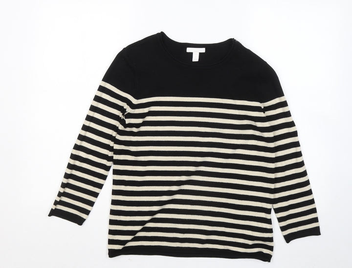 H&M Womens Black Round Neck Striped Acrylic Pullover Jumper Size S