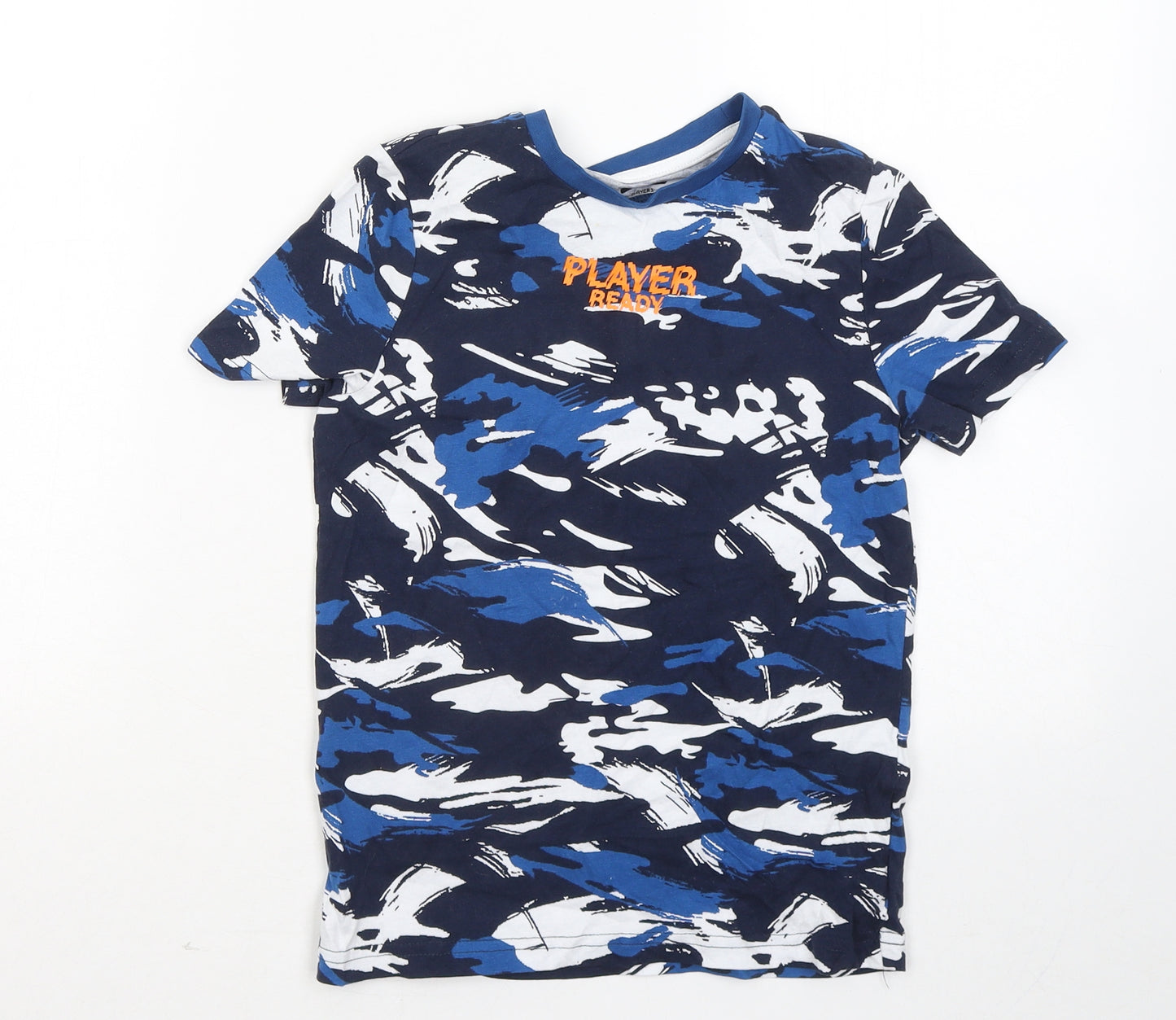 F&F Boys Blue Geometric Cotton Basic T-Shirt Size 7-8 Years Round Neck - Player Ready