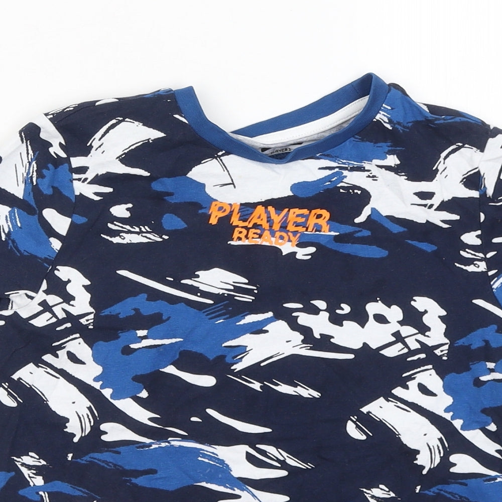 F&F Boys Blue Geometric Cotton Basic T-Shirt Size 7-8 Years Round Neck - Player Ready