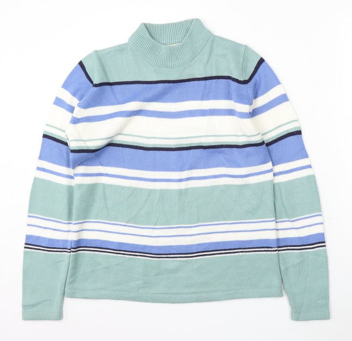 EWM Womens Green Round Neck Striped Acrylic Pullover Jumper Size 10