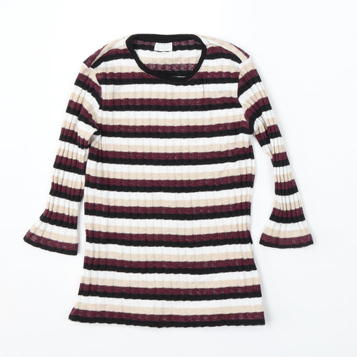 F&F Kids Girls Multicoloured Round Neck Striped Polyester Pullover Jumper Size 10-11 Years