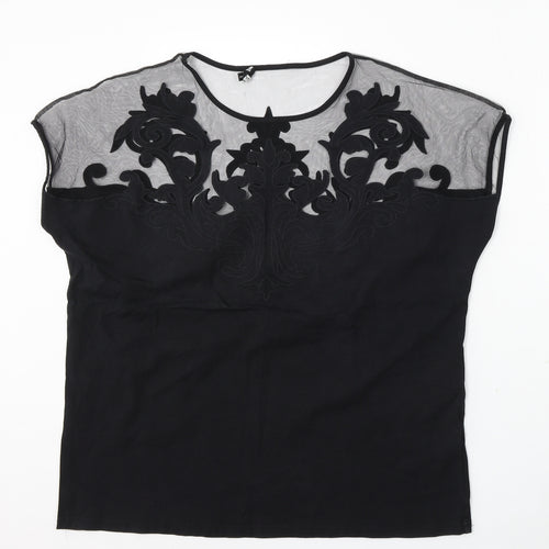 Leo Guy Womens Black Floral Cotton Basic Blouse Size 6 Round Neck