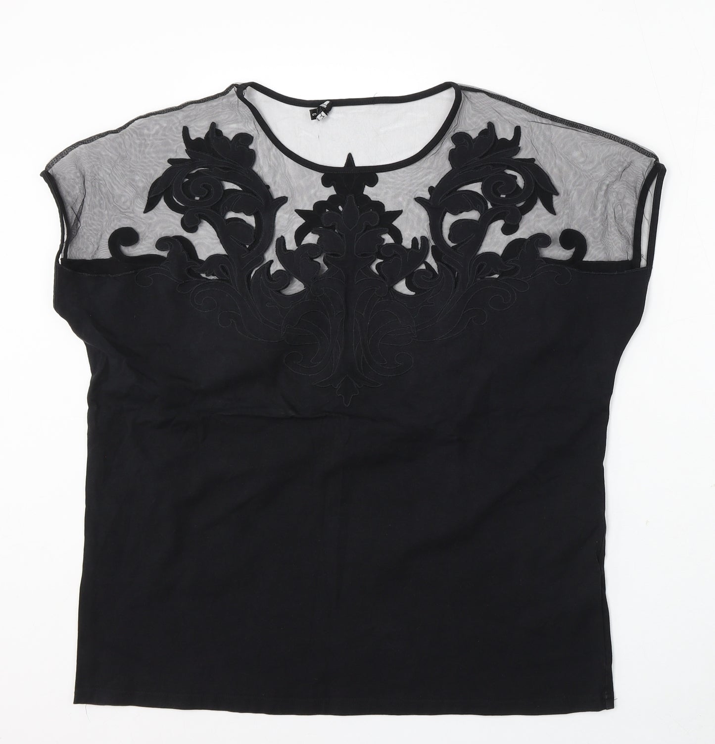 Leo Guy Womens Black Floral Cotton Basic Blouse Size 6 Round Neck
