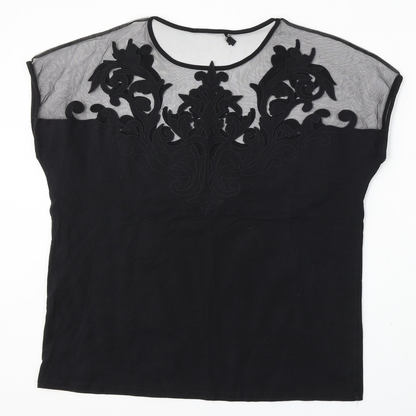 Leo Guy Womens Black Floral Cotton Basic Blouse Size 6 Round Neck