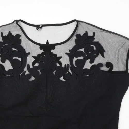 Leo Guy Womens Black Floral Cotton Basic Blouse Size 6 Round Neck
