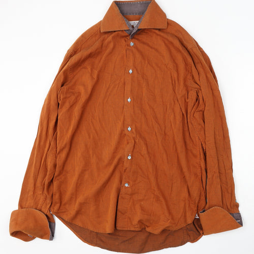 Coton Doux Mens Orange Striped Cotton Button-Up Size 17 Collared Button