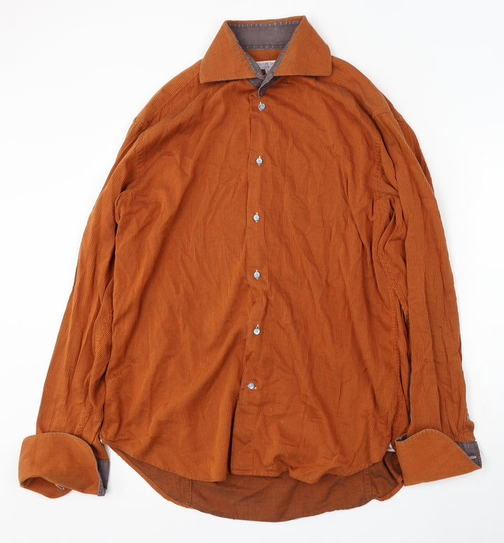 Coton Doux Mens Orange Striped Cotton Button-Up Size 17 Collared Button