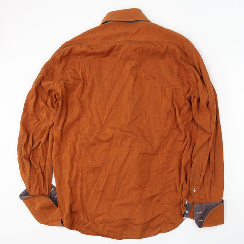 Coton Doux Mens Orange Striped Cotton Button-Up Size 17 Collared Button