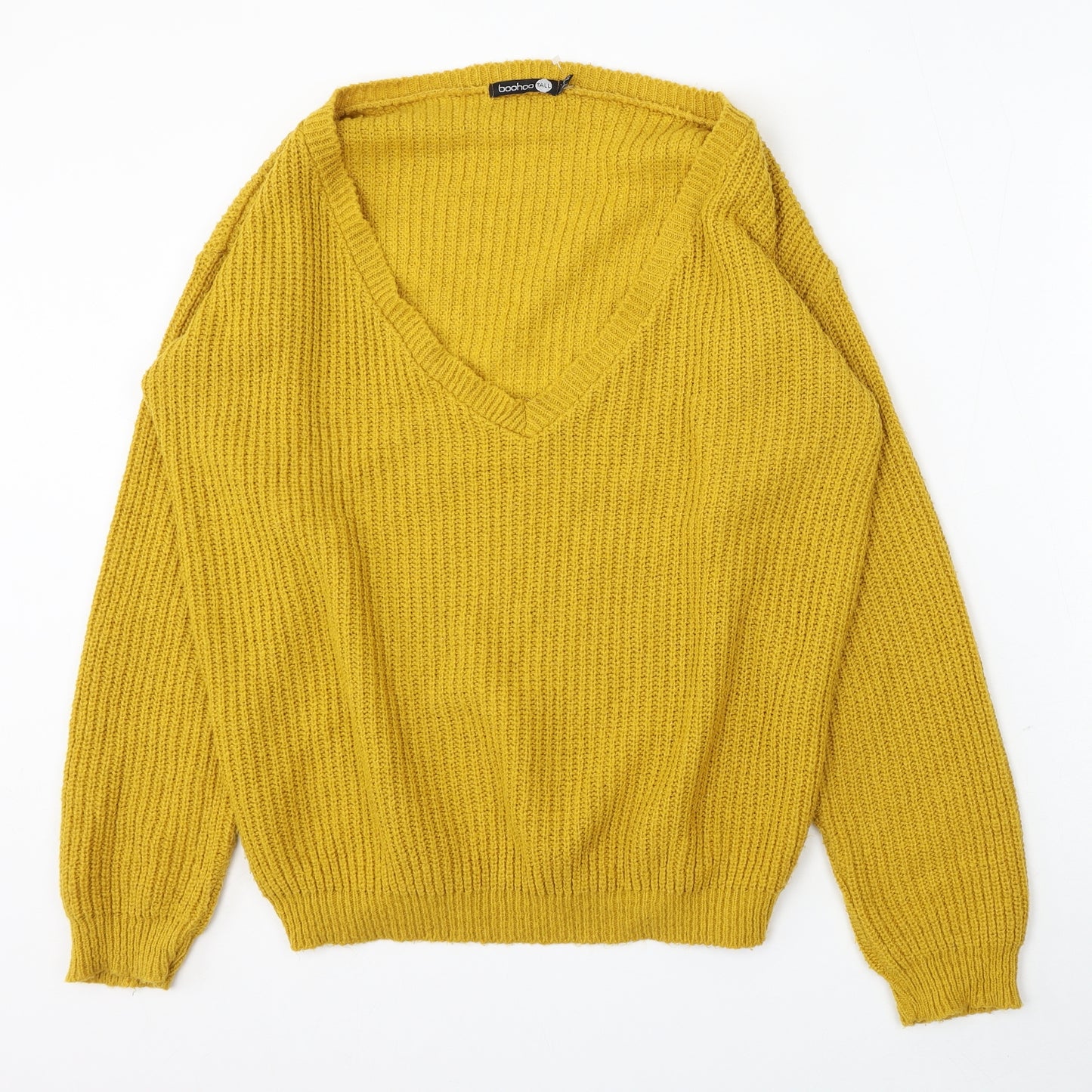 Boohoo Womens Yellow V-Neck Acrylic Pullover Jumper Size 12