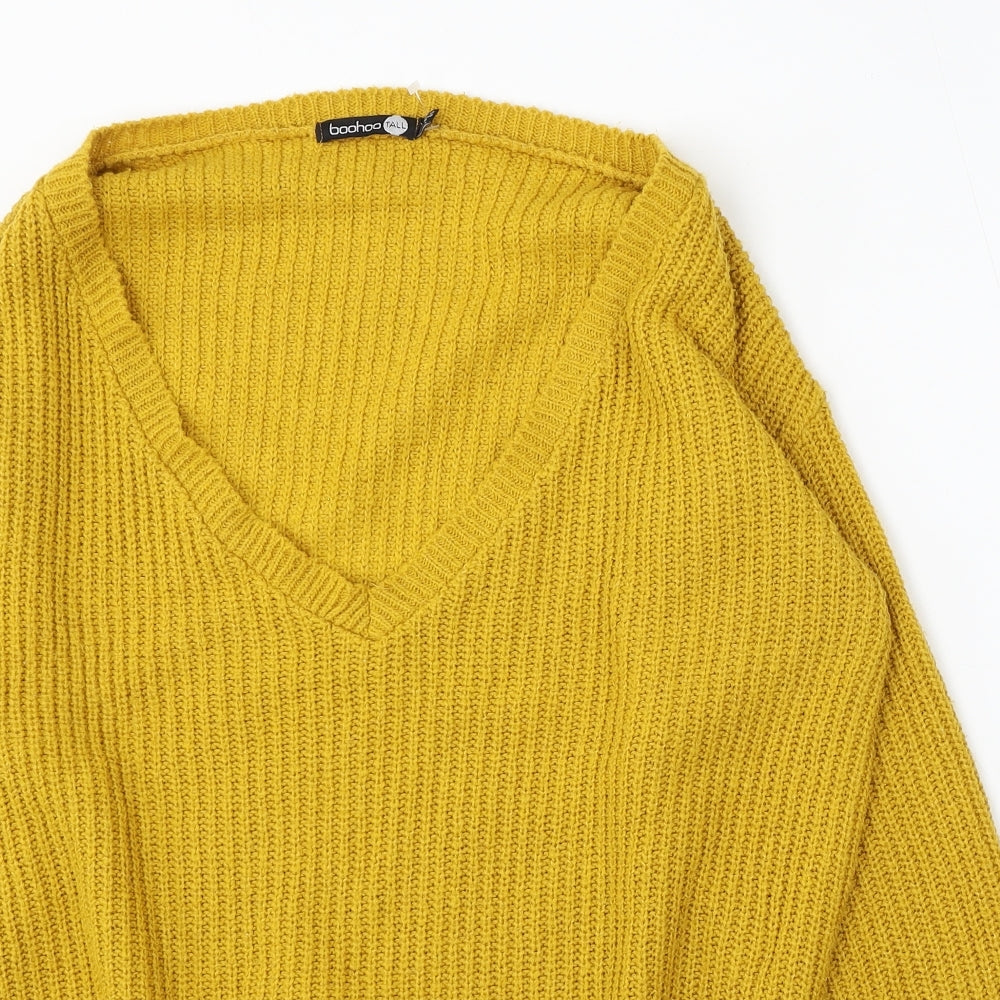 Boohoo Womens Yellow V-Neck Acrylic Pullover Jumper Size 12