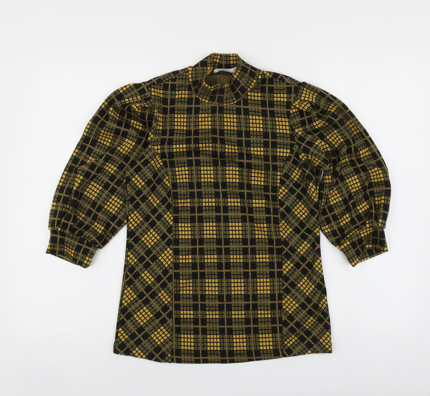 Savida Womens Yellow Plaid Polyester Basic Blouse Size XS High Neck