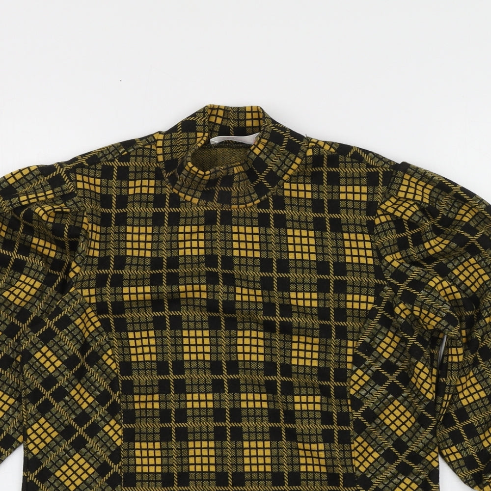 Savida Womens Yellow Plaid Polyester Basic Blouse Size XS High Neck