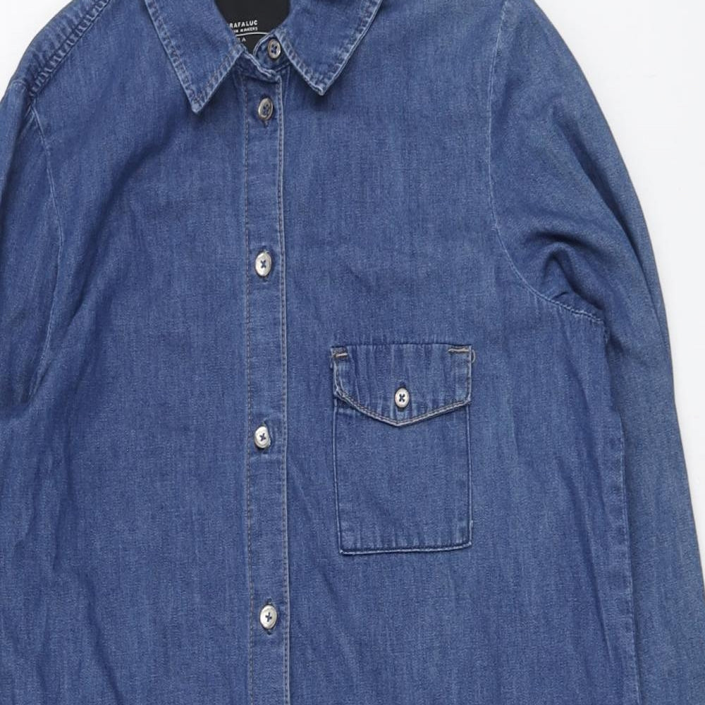 Zara Womens Blue Cotton Basic Button-Up Size L Collared