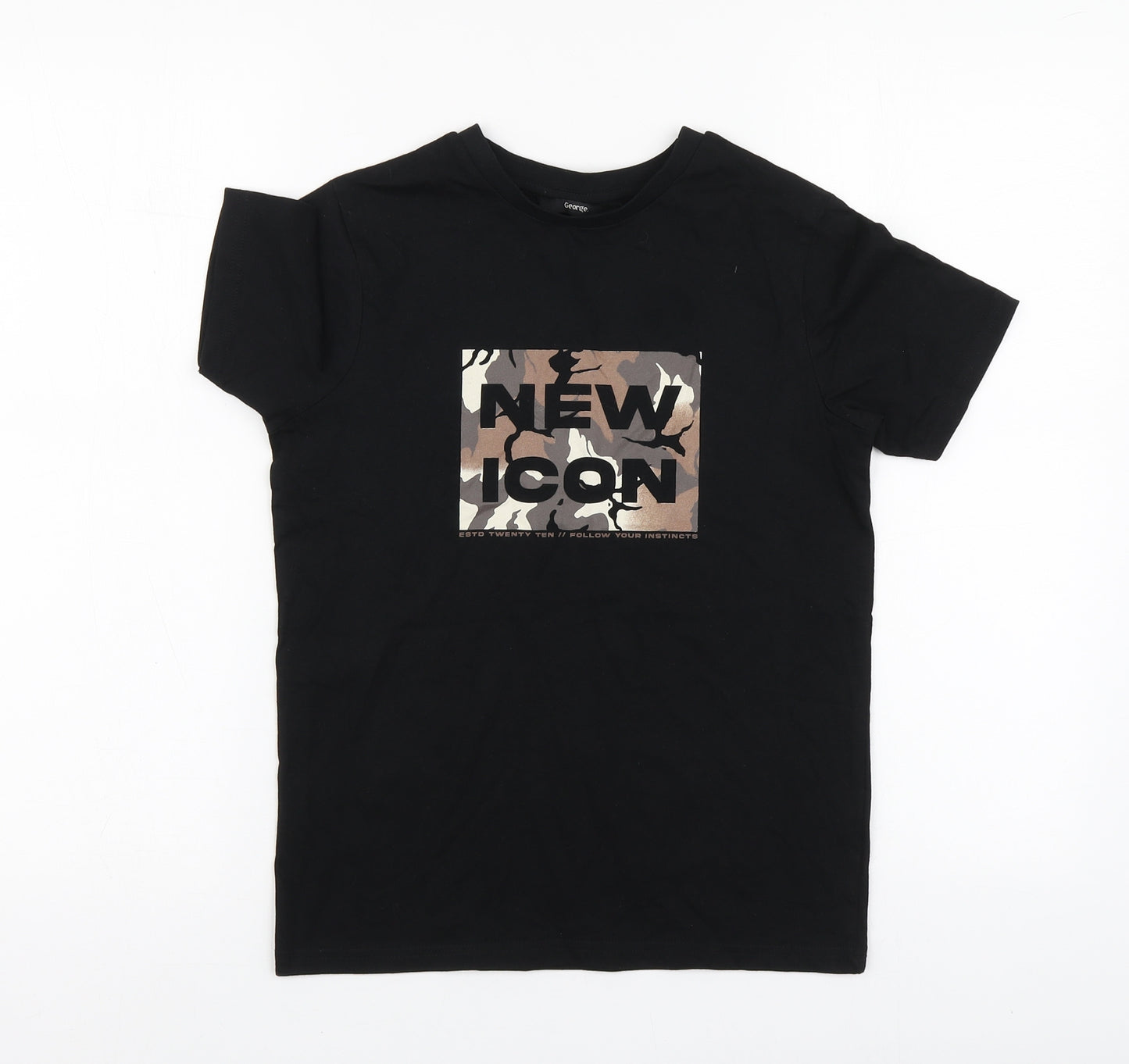 George Boys Black Geometric Cotton Basic T-Shirt Size 9-10 Years Round Neck