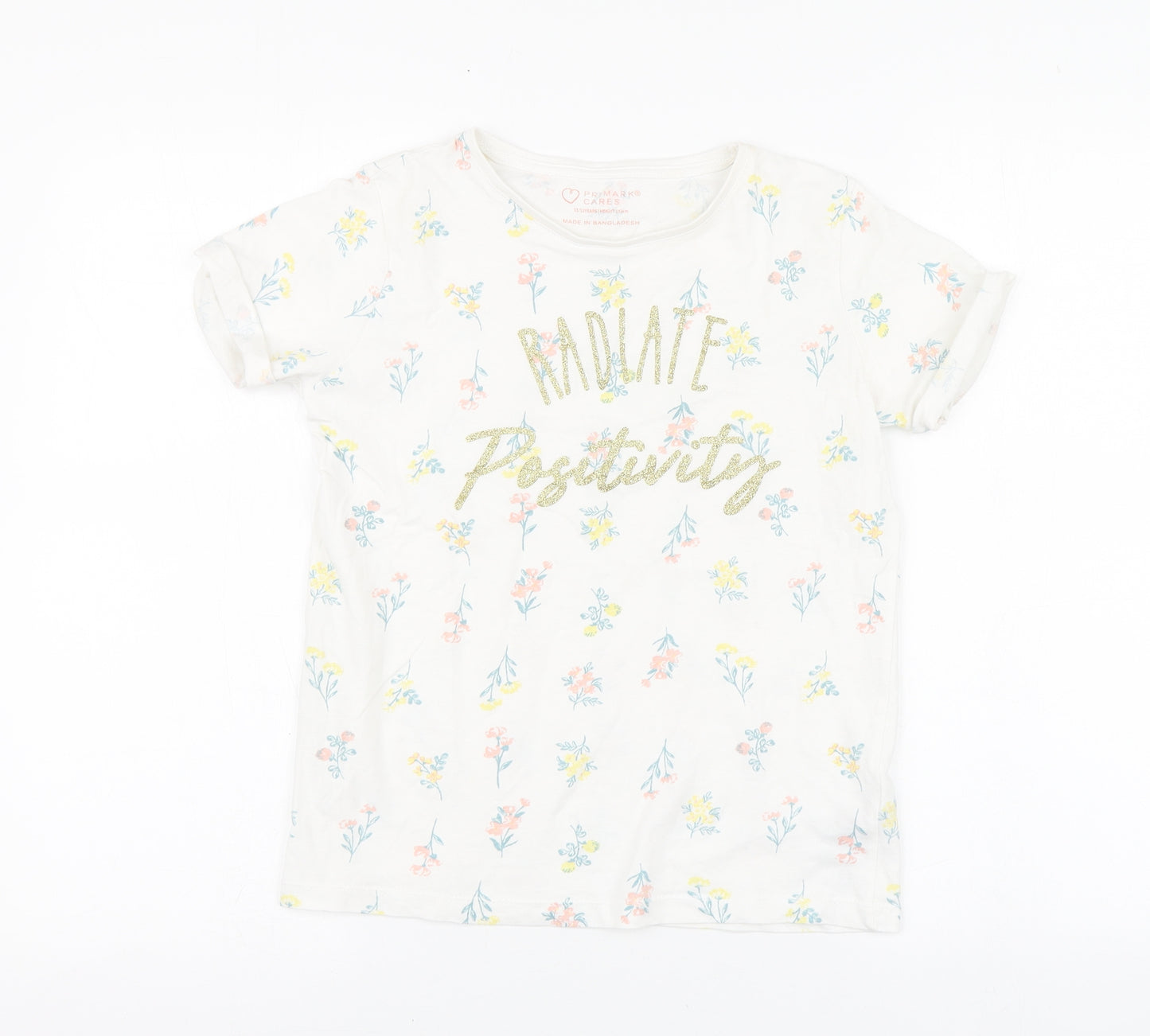Primark Girls White Geometric Cotton Basic T-Shirt Size 11-12 Years Round Neck
