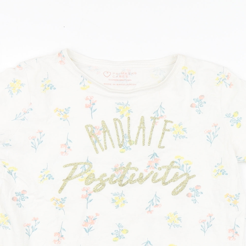 Primark Girls White Geometric Cotton Basic T-Shirt Size 11-12 Years Round Neck