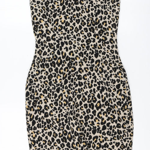 New Look Womens Brown Animal Print Polyester A-Line Size 36 Round Neck