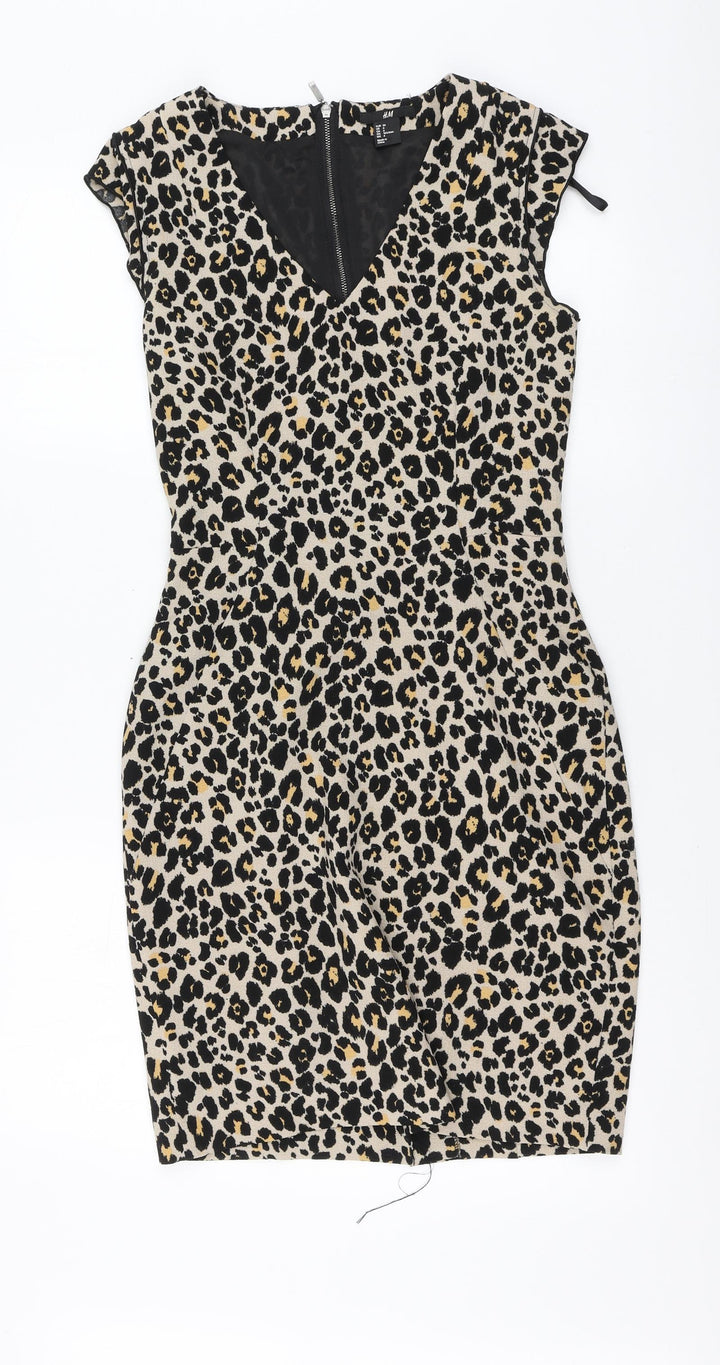 New Look Womens Brown Animal Print Polyester A-Line Size 36 Round Neck