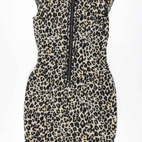 New Look Womens Brown Animal Print Polyester A-Line Size 36 Round Neck
