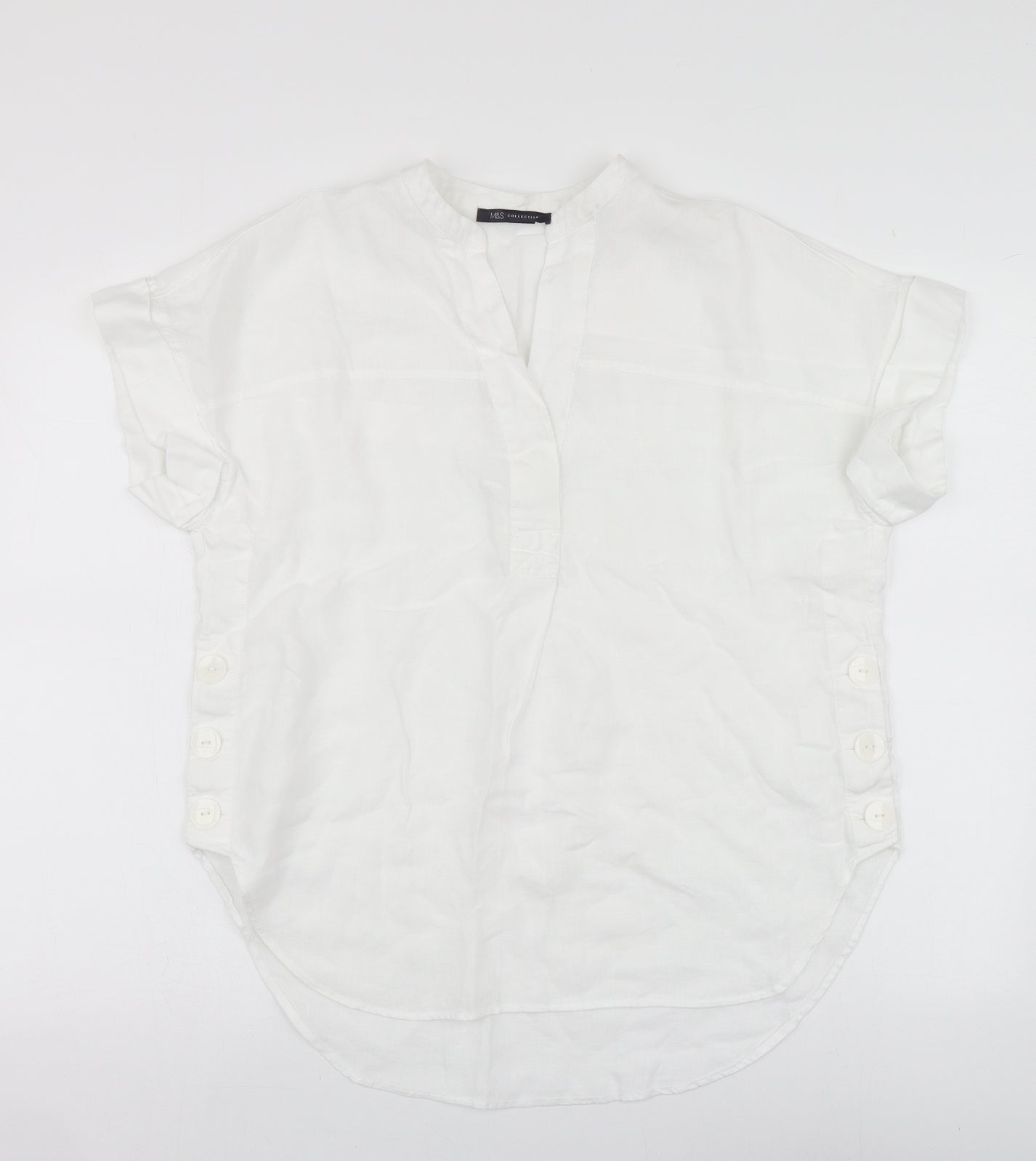 Marks and Spencer Womens White Linen Basic Blouse Size 8 Round Neck