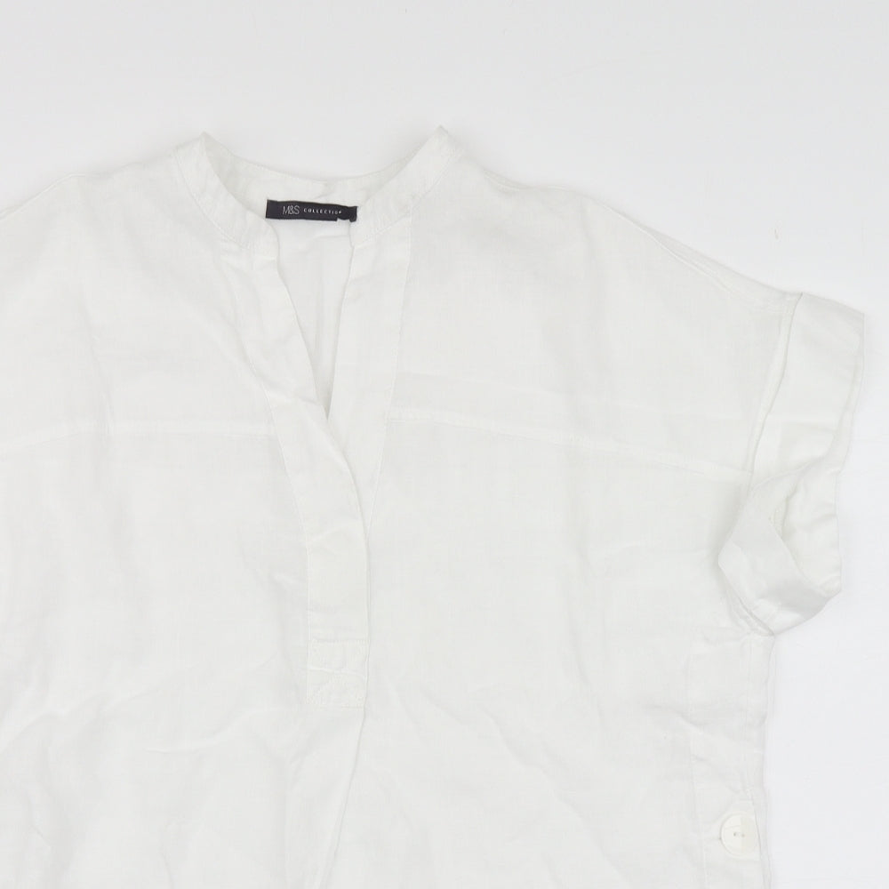 Marks and Spencer Womens White Linen Basic Blouse Size 8 Round Neck