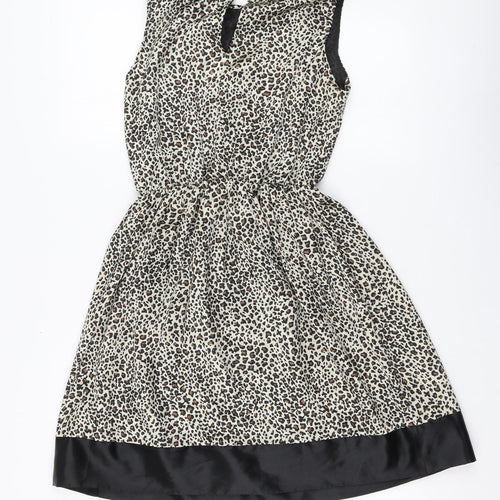A wear Womens Brown Animal Print Polyester Skater Dress Size 10 Round Neck