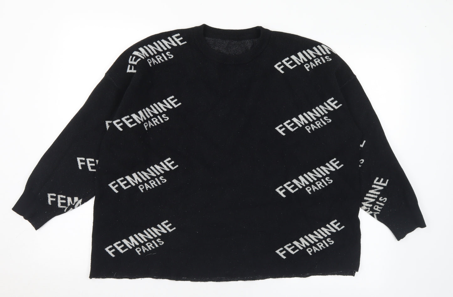 Feminine Paris Womens Black Crew Neck Geometric Acrylic Pullover Jumper Size M