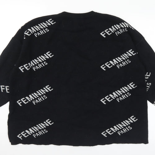 Feminine Paris Womens Black Crew Neck Geometric Acrylic Pullover Jumper Size M