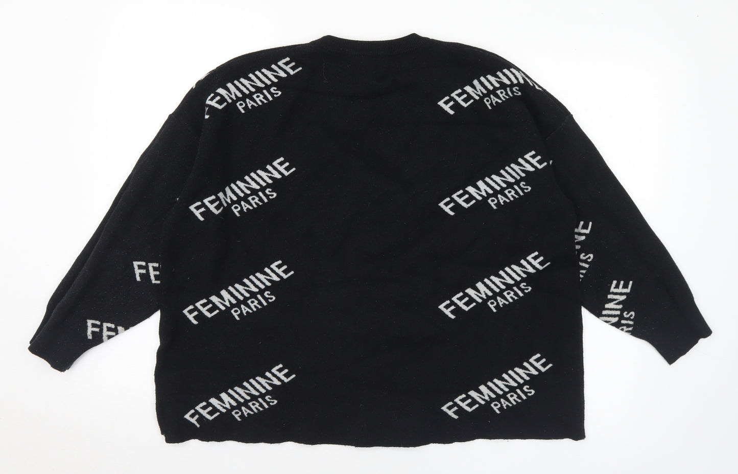 Feminine Paris Womens Black Crew Neck Geometric Acrylic Pullover Jumper Size M