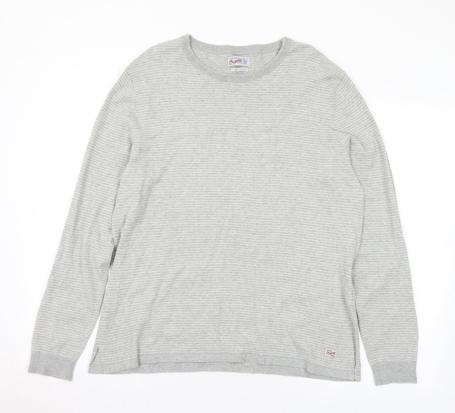 JACK & JONES Mens Grey Round Neck Striped Cotton Pullover Jumper Size L