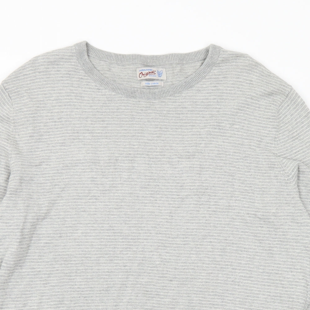 JACK & JONES Mens Grey Round Neck Striped Cotton Pullover Jumper Size L