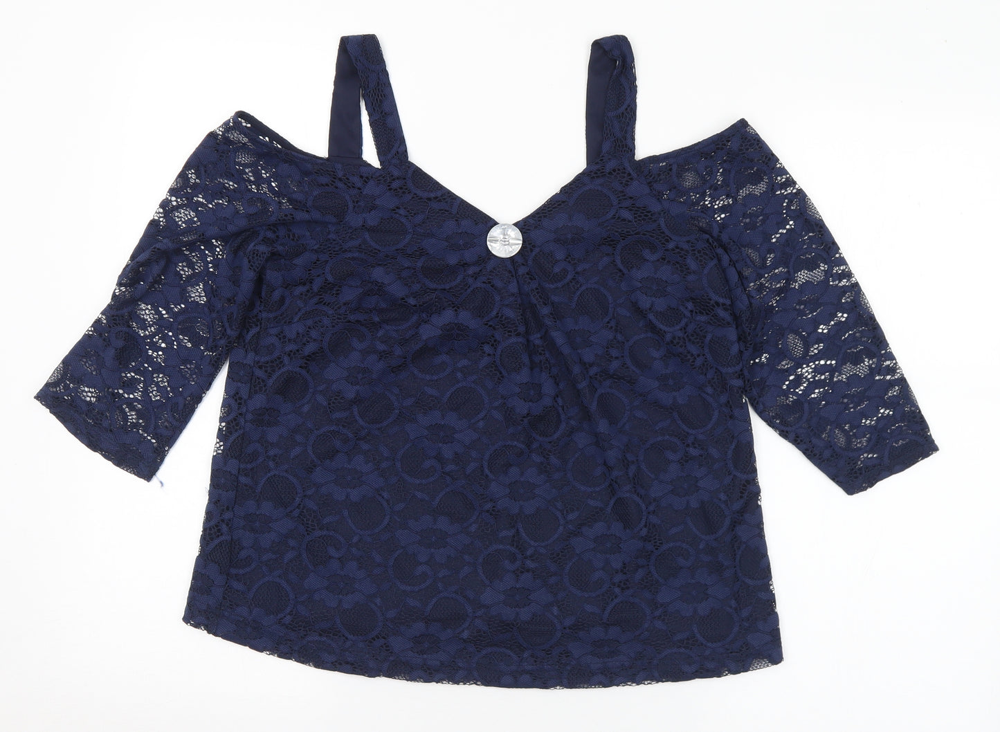 Roman Womens Blue Polyamide Basic Blouse Size 12 V-Neck
