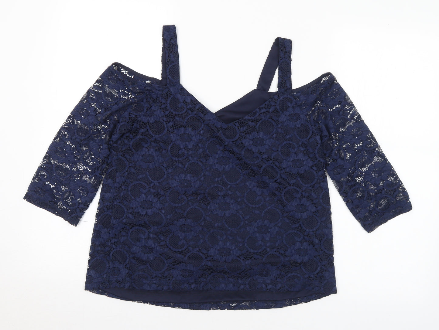Roman Womens Blue Polyamide Basic Blouse Size 12 V-Neck