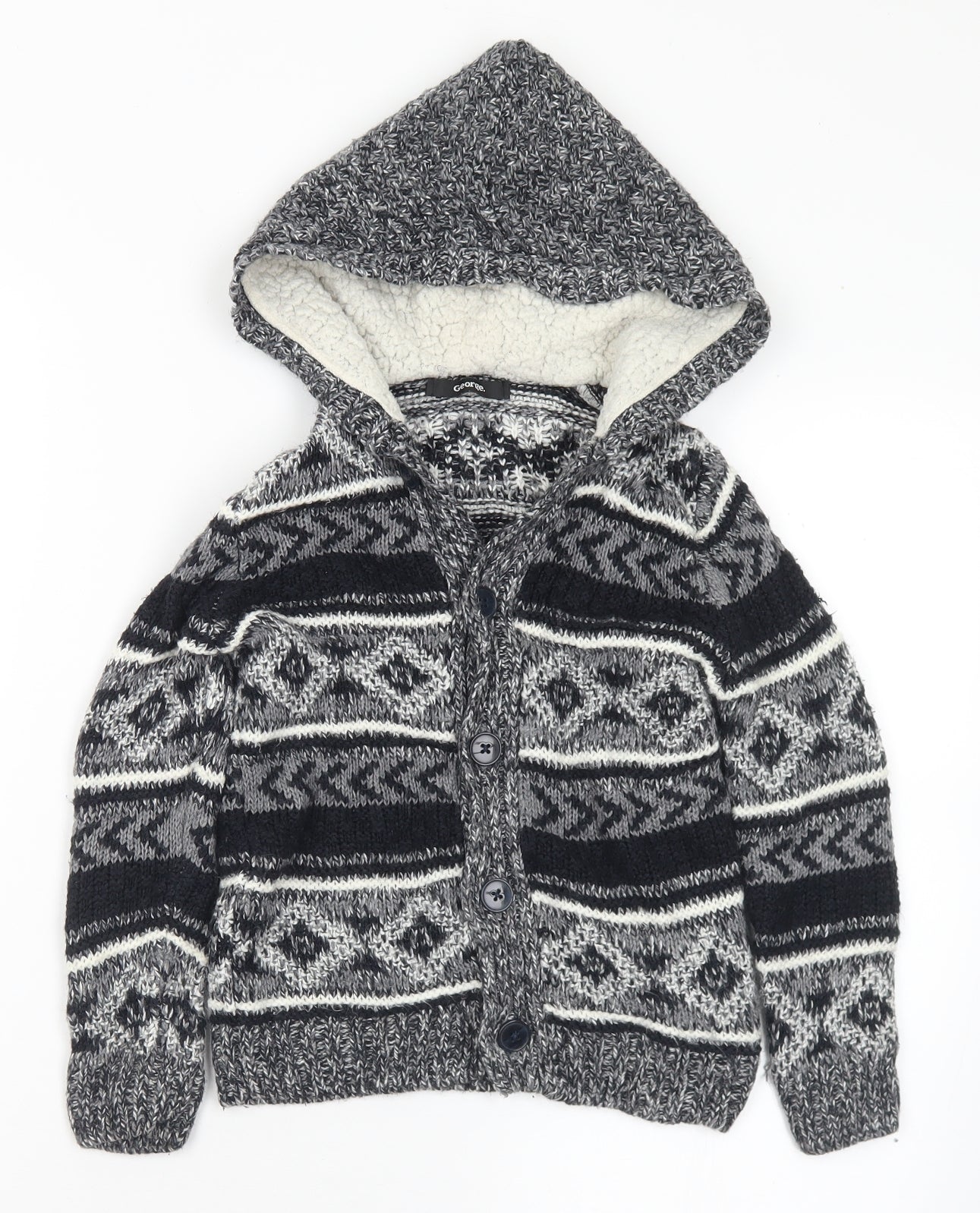 George Boys Black V-Neck Geometric Polyester Cardigan Jumper Size 4-5 Years Button
